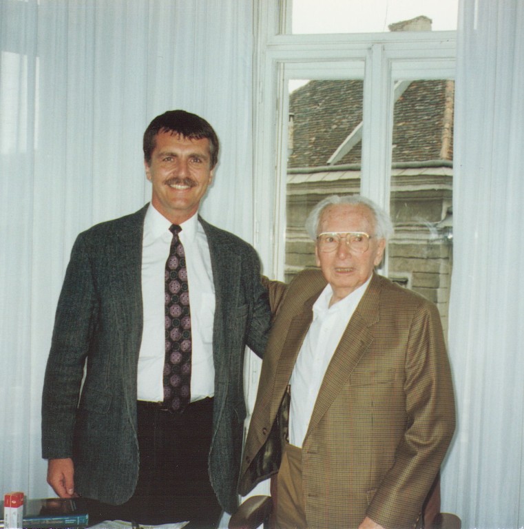 Alex Pattakos with Viktor Frankl at his home, Vienna, Austria, August 1996