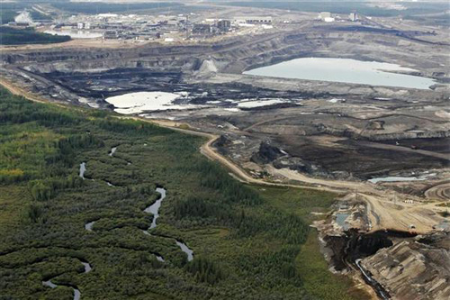 An open pit mine in the tar sands as seen from the air