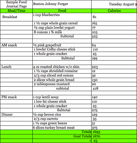 Daily Diet Chart Calories