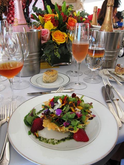 Spring greens strawberry and blossom salad served with Carole Bouquet's