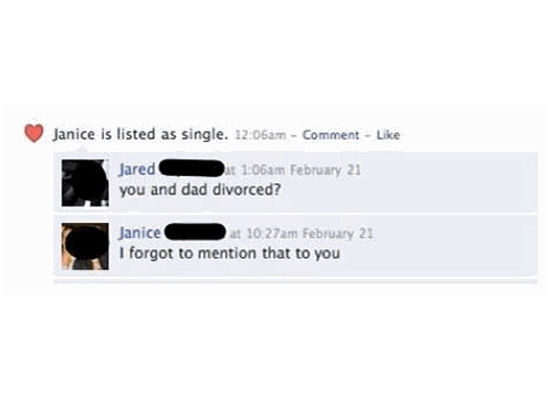 Woman changes her status to “single”; son, surprised, asks if she and his dad had gotten divorced; she confirms