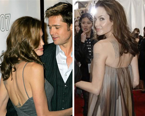 All but the central tattoo appear to be Jolie's ink.