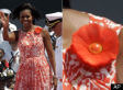 Red, White And Navy: Michelle Obama Speaks At Norfolk Naval Station, Sets Sail In Printed Dress (PHOTOS)