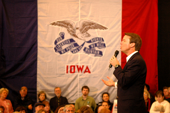 John Edwards speaks to a room of Iowans in Ames where he kicked off his 36-hour tour.