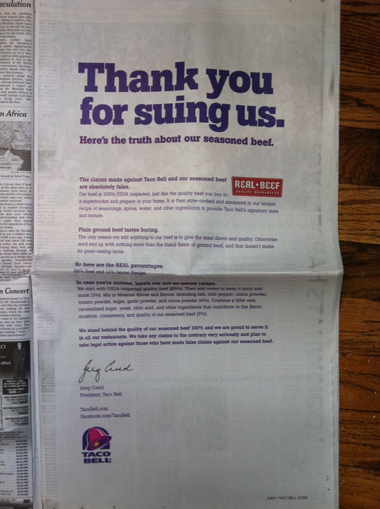 Thank You For Suing Us Taco Bell Fights Beef Lawsuit With Full Page Ads Huffpost Life