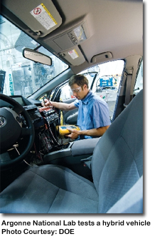 a worker at the Argonne National lab inspects a hybrid car