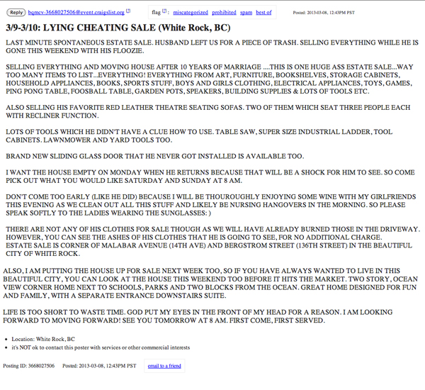 Woman advertises post-divorce garage sale on Craigslist