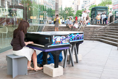 A previous year's Sing for Hope Piano by Volunteer Artist Chris Soria outside Alice Tully Hall