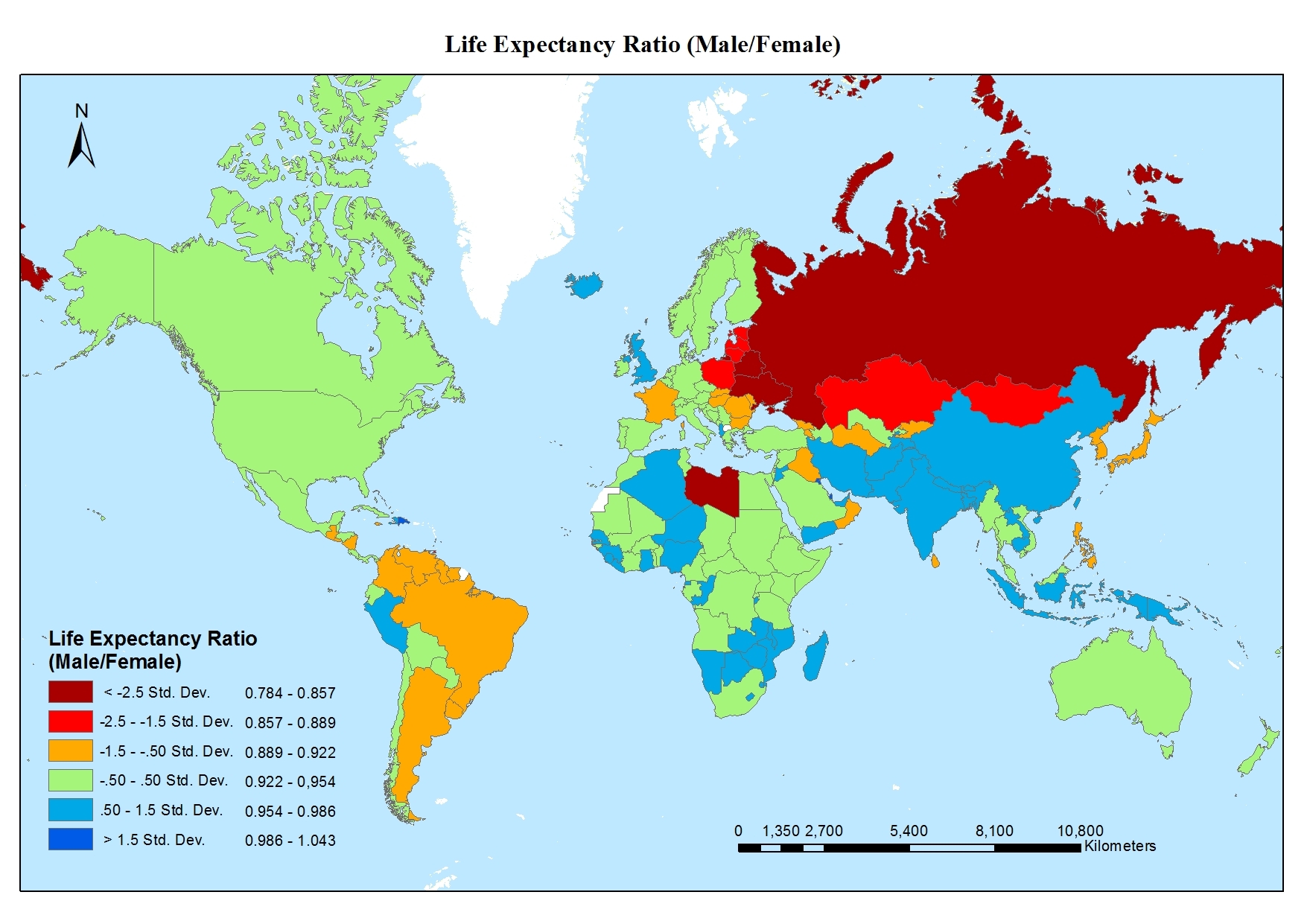 The global map of the ratio of male to female life expectancy is telling. 