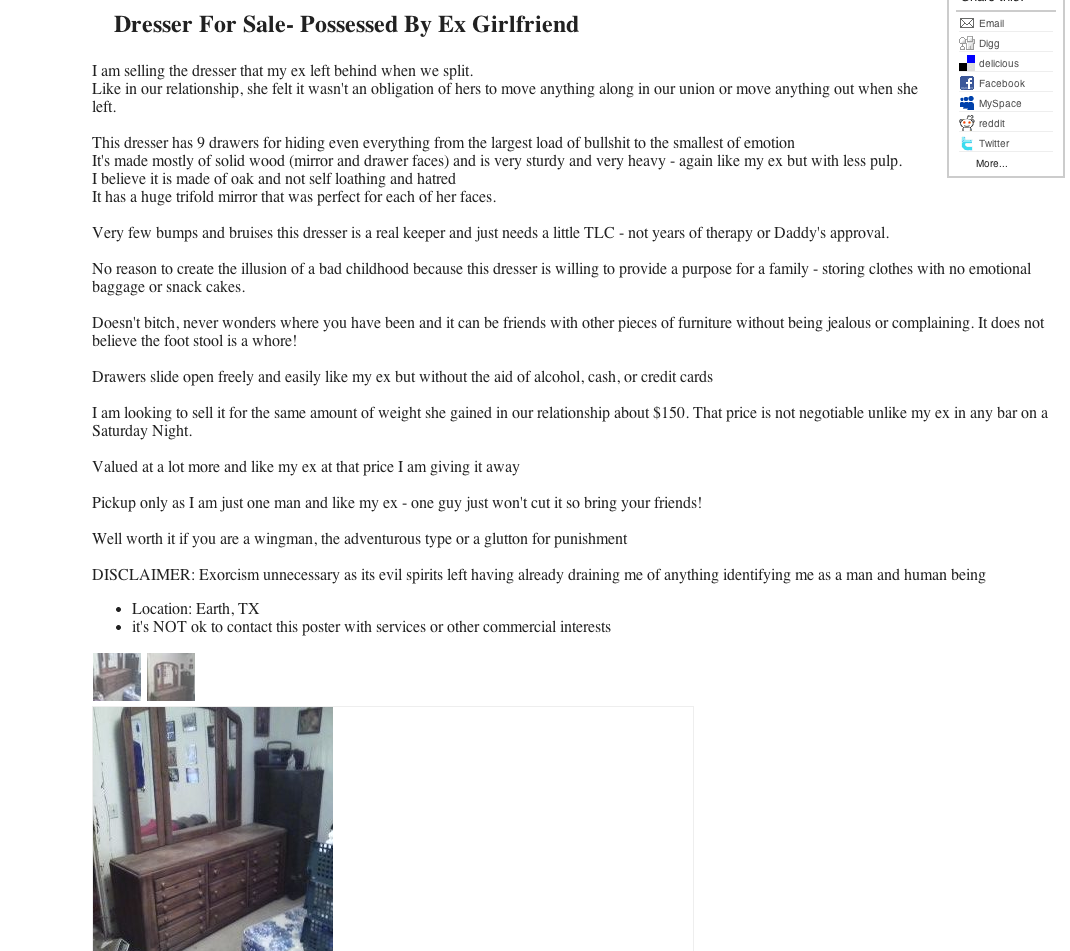 Woman advertises post-divorce garage sale on Craigslist