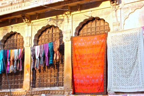 colorful quilts paint the walkways of Jaisalmer's fort