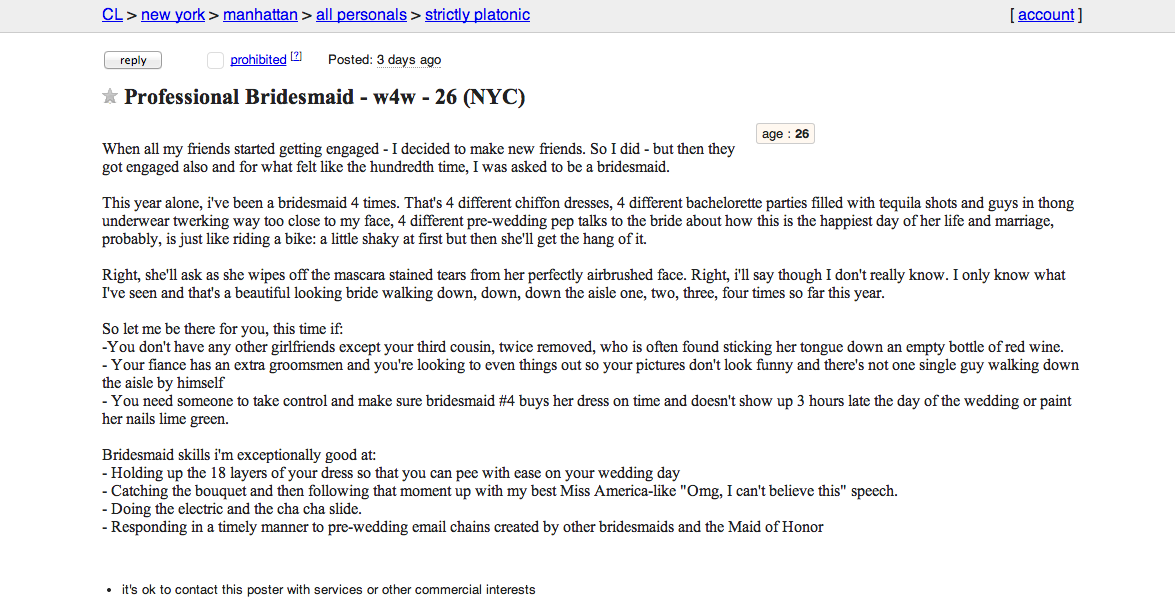 Craigslist Ad For A Professional Bridesmaid Is A Must See