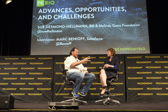 Marc Benioff and Sue Desmond-Hellman appear onstage together at Techonomy Bio 2015. (Photo by Rebecca Greenfield)