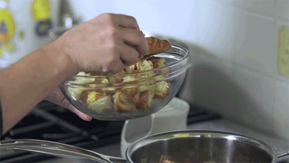 Stephanie Izard adds croissant cubes to chicken stock