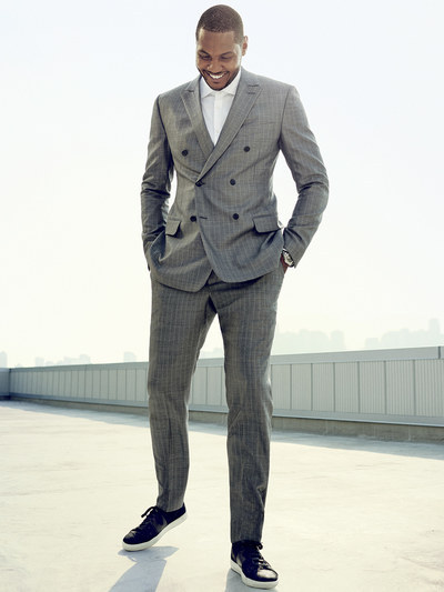 suit with black sneakers